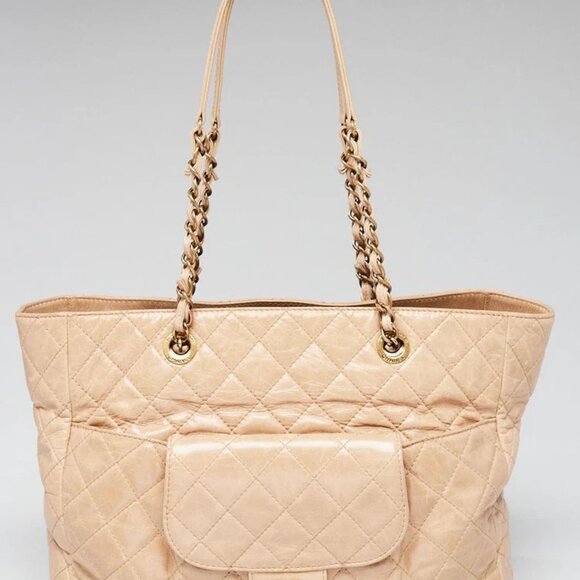 Chanel Beige Quilted Glazed Leather Front Pocket Large Tote Bag - Picture 1 of 11